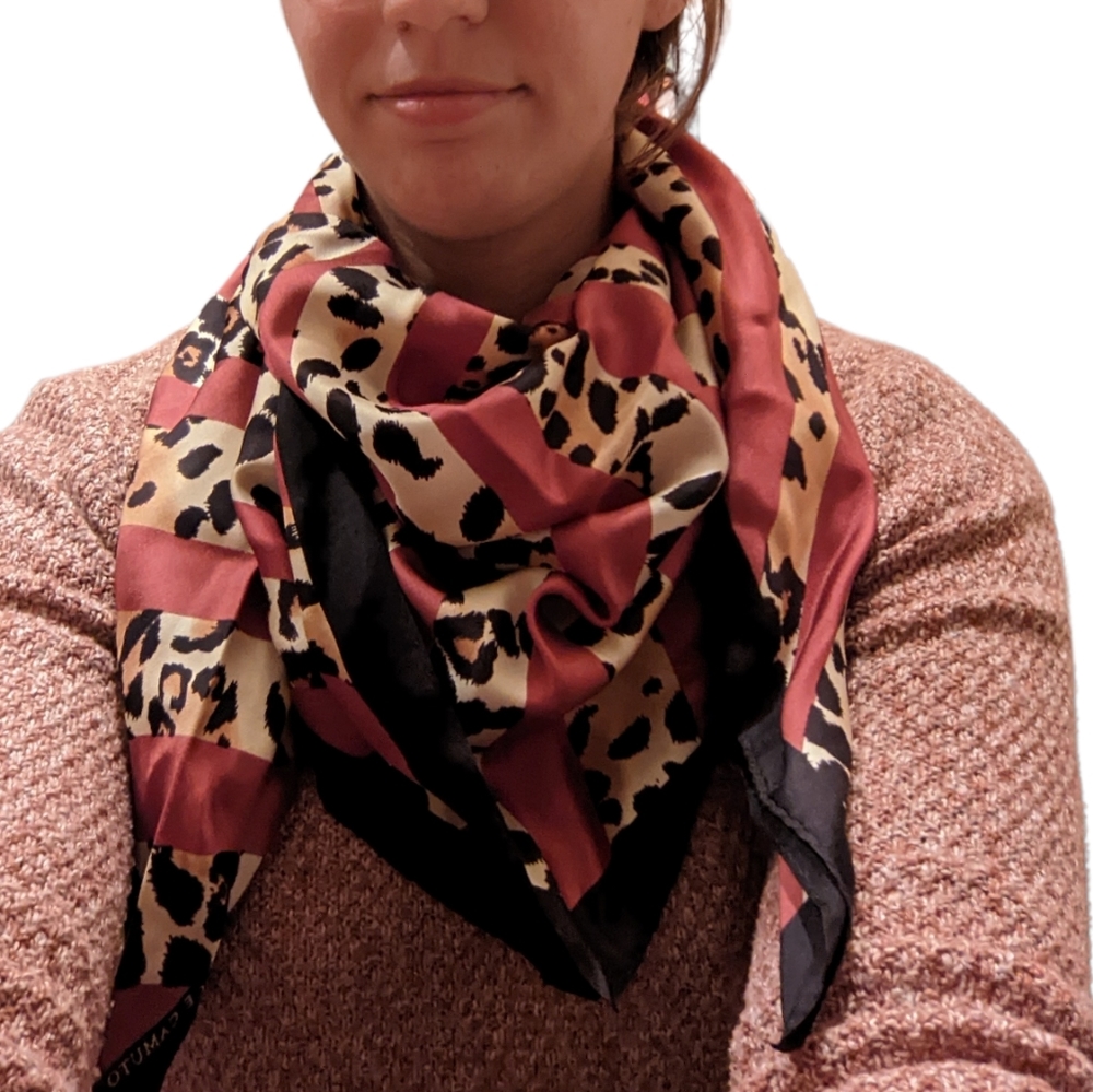 Vince Camuto Leopard and Burgundy Striped Square Scarf - Picture 4 of 5